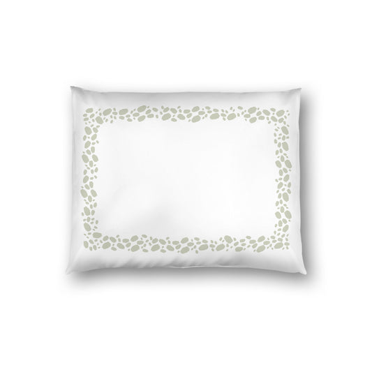 Off-white Cotton Sateen Pillow Sham, Pale Green Hand-painted Dab Motif Print, Classic Border, White Reverse Side, Standard - 20 x 26 inches