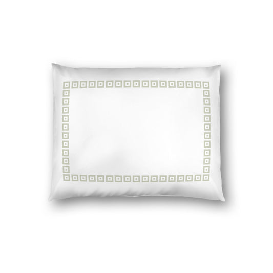 Off-white Cotton Sateen Pillow Sham, Pale Green Repeating Square Motif Print, Classic Border, White Reverse Side, Standard - 20 x 26 inches