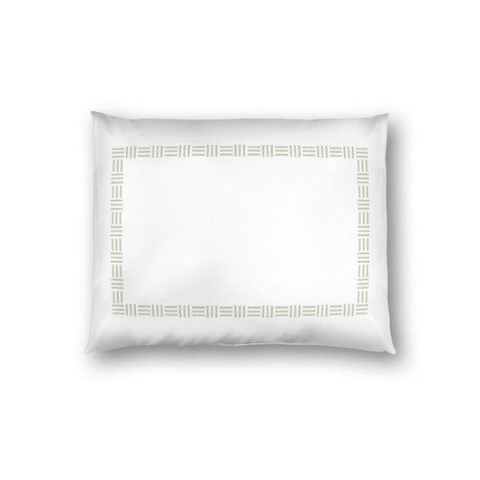 Off-white Cotton Sateen Pillow Sham, Pale Green Single Weave Motif Print, Classic Border, White Reverse Side, Standard - 20 x 26 inches