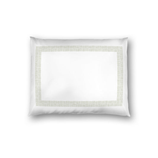 Off-white Cotton Sateen Pillow Sham, Pale Green Double Weave Motif Print, Classic Border, White Reverse Side, Standard - 20 x 26 inches