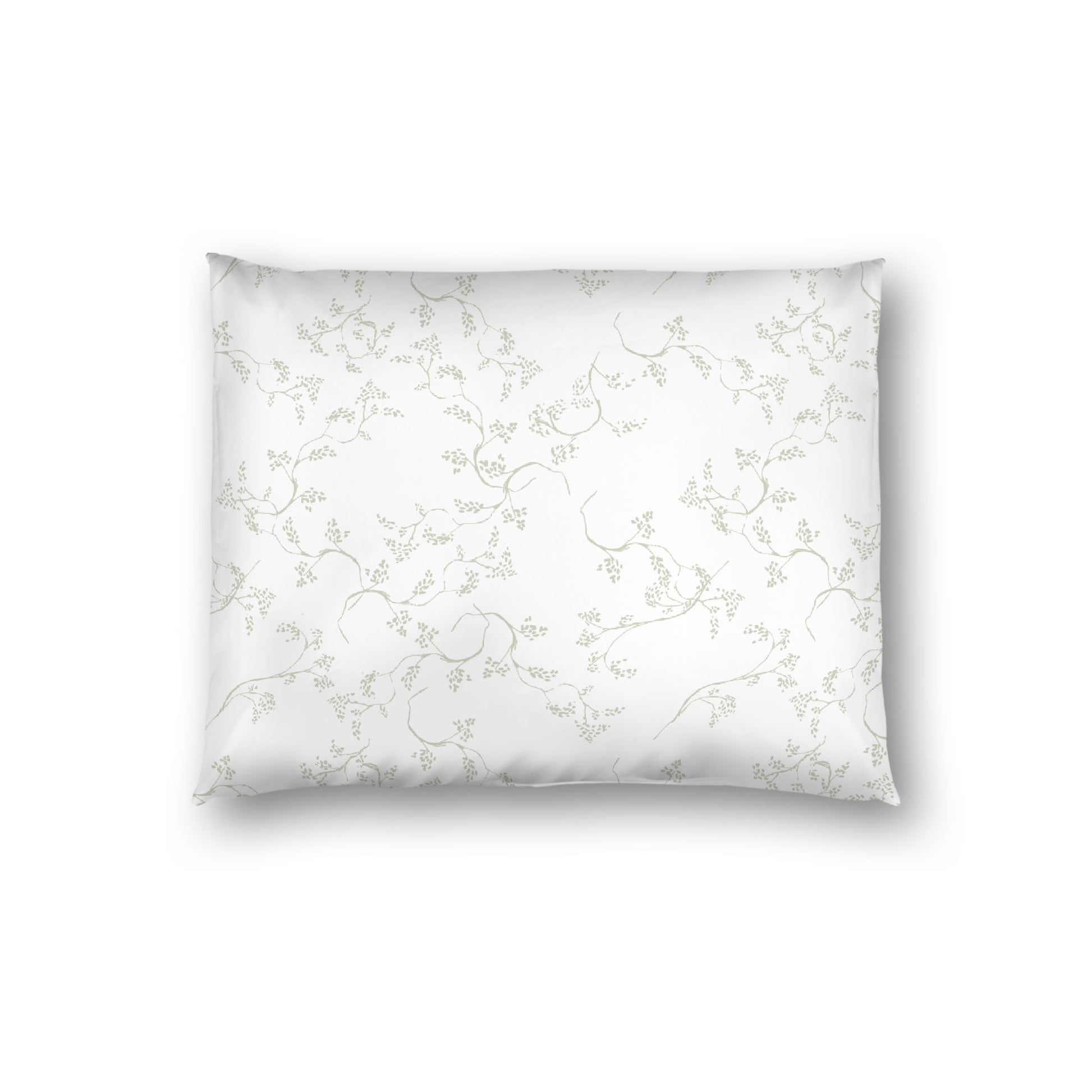 Off-white Cotton Sateen Pillow Sham, Pale Green Hand-painted Vine Print, White Reverse Side, Standard - 20 x 26 inches