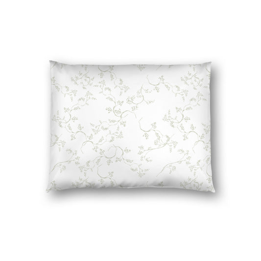 Off-white Cotton Sateen Pillow Sham, Pale Green Hand-painted Vine Print, White Reverse Side, Standard - 20 x 26 inches