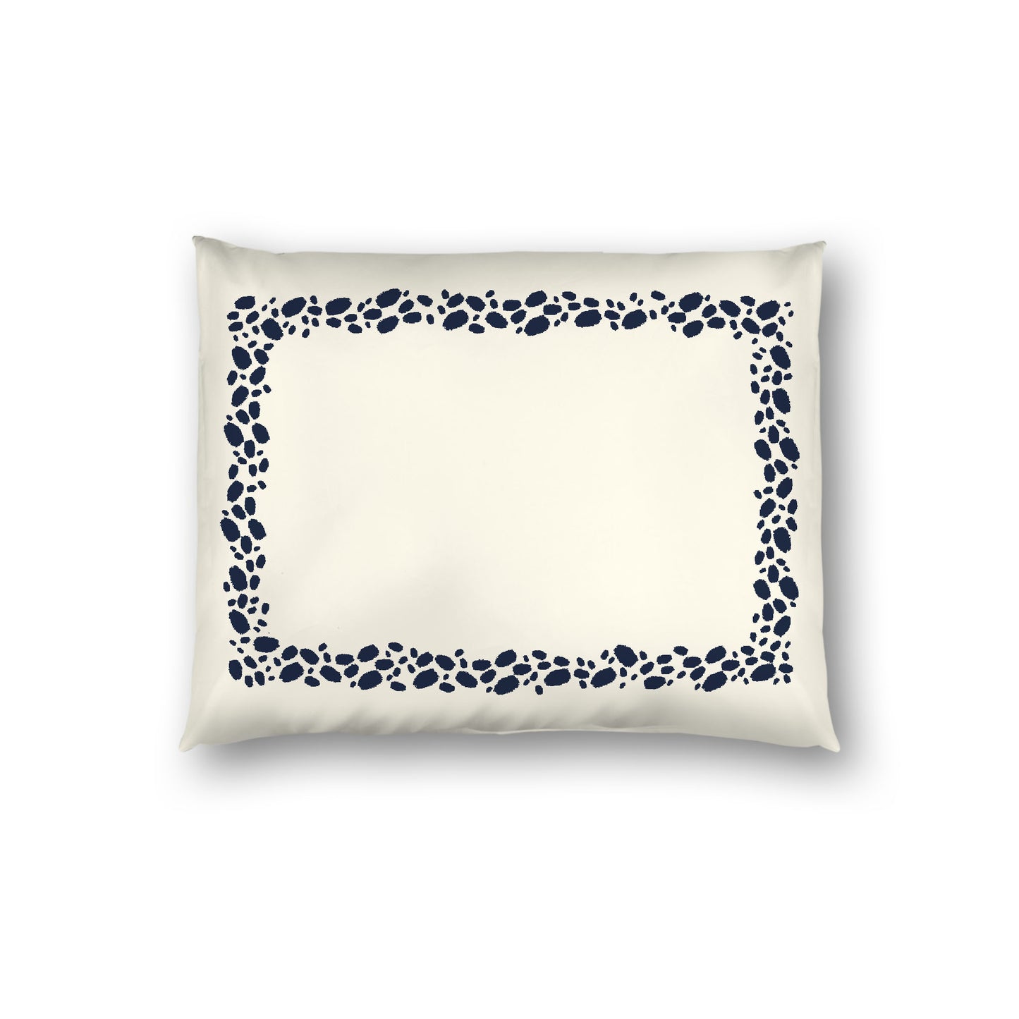 Pale Cream Cotton Sateen Pillow Sham, Navy Blue Hand-painted Dab Motif Print, Classic Border, White Reverse Side, Standard - 20 x 26 inches