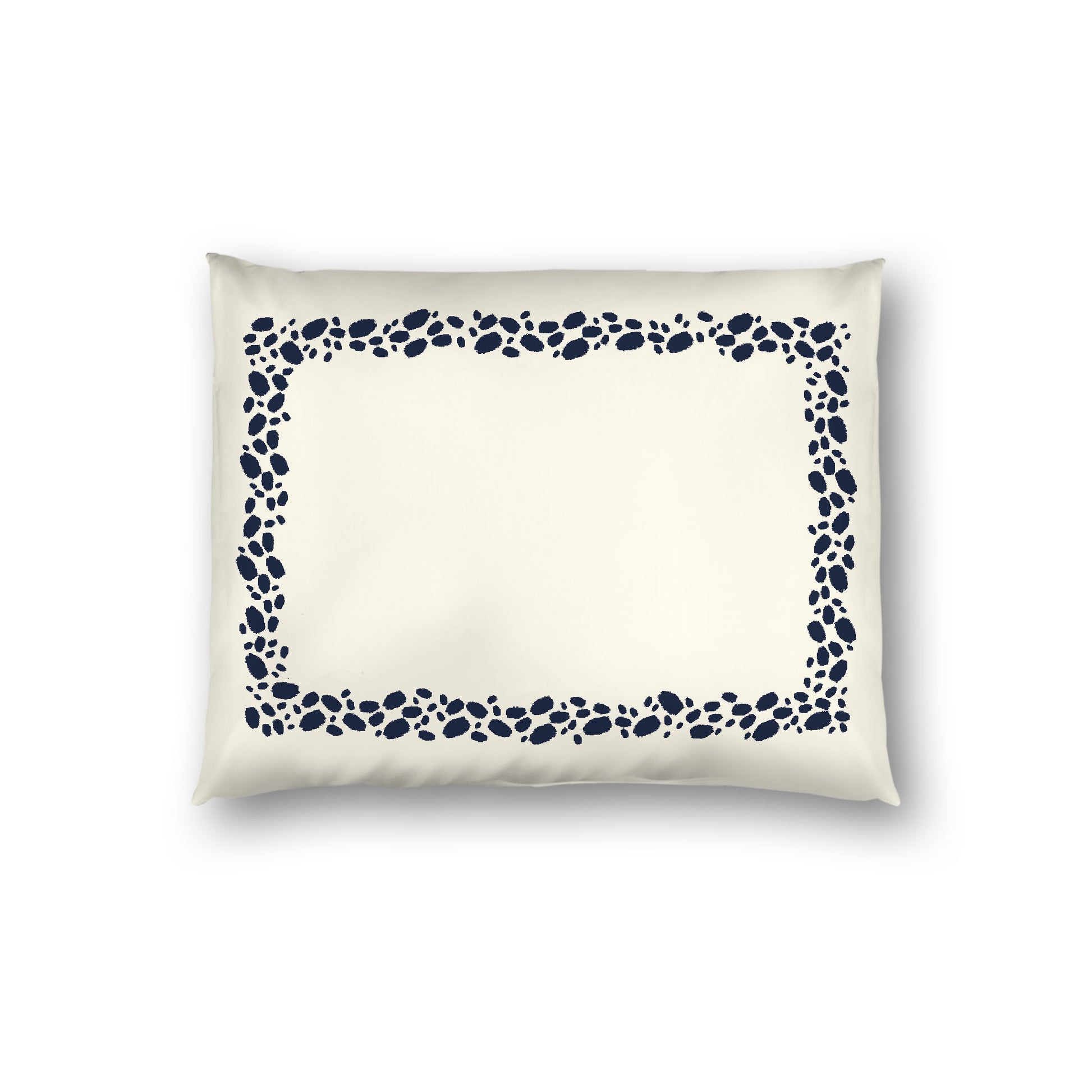 Pale Cream Cotton Sateen Pillow Sham, Navy Blue Hand-painted Dab Motif Print, Classic Border, White Reverse Side, Standard - 20 x 26 inches