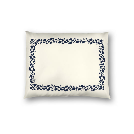 Pale Cream Cotton Sateen Pillow Sham, Navy Blue Hand-painted Dab Motif Print, Classic Border, White Reverse Side, Standard - 20 x 26 inches