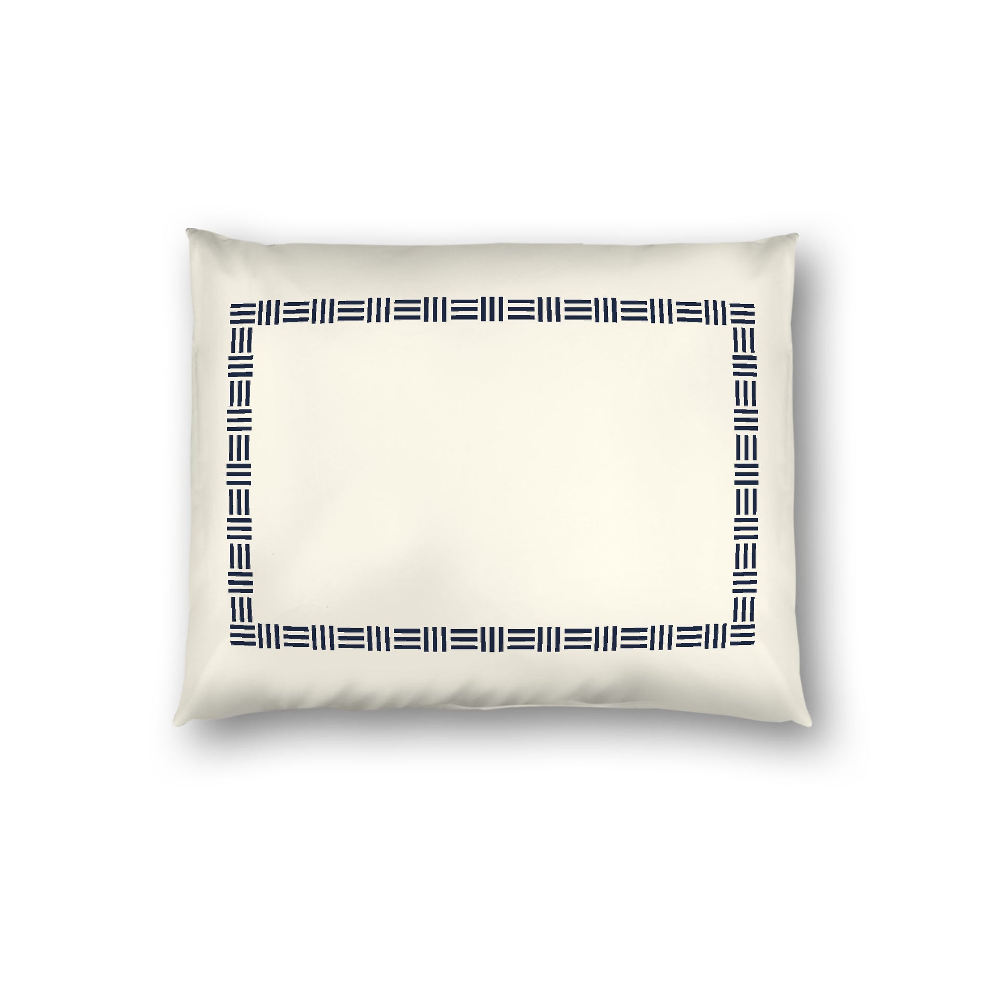 Pale Cream Cotton Sateen Pillow Sham, Navy Blue Single Weave Motif Print, Classic Border, White Reverse Side, Standard - 20 x 26 inches