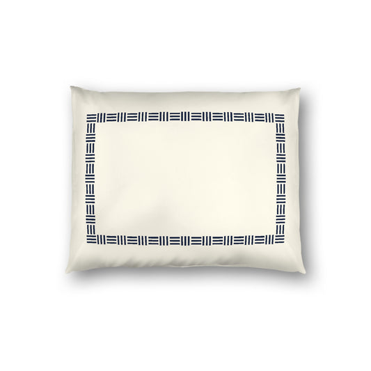 Pale Cream Cotton Sateen Pillow Sham, Navy Blue Single Weave Motif Print, Classic Border, White Reverse Side, Standard - 20 x 26 inches