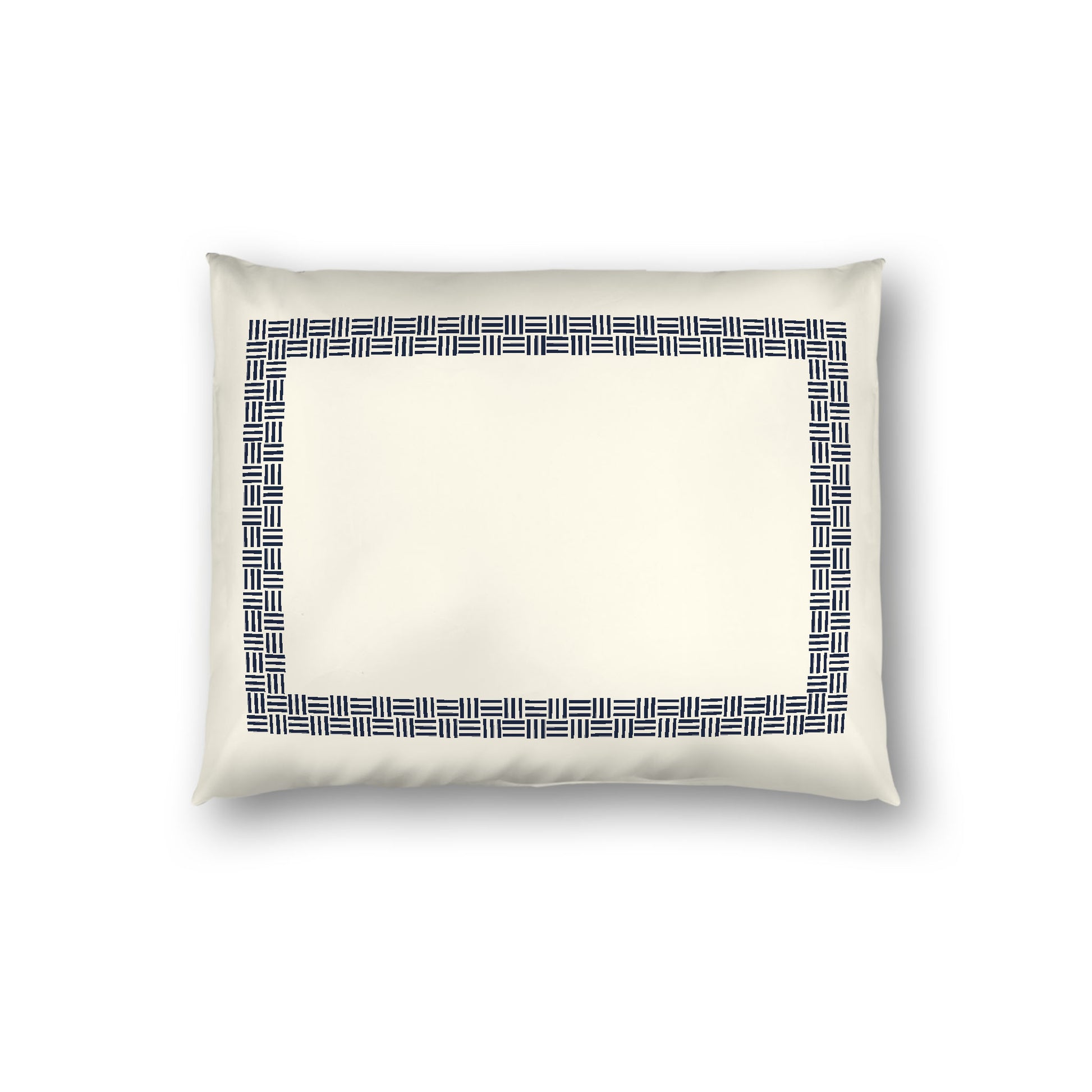 Pale Cream Cotton Sateen Pillow Sham, Navy Blue Double Weave Motif Print, Classic Border, White Reverse Side, Standard - 20 x 26 inches