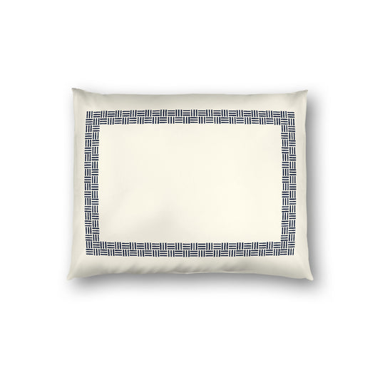 Pale Cream Cotton Sateen Pillow Sham, Navy Blue Double Weave Motif Print, Classic Border, White Reverse Side, Standard - 20 x 26 inches