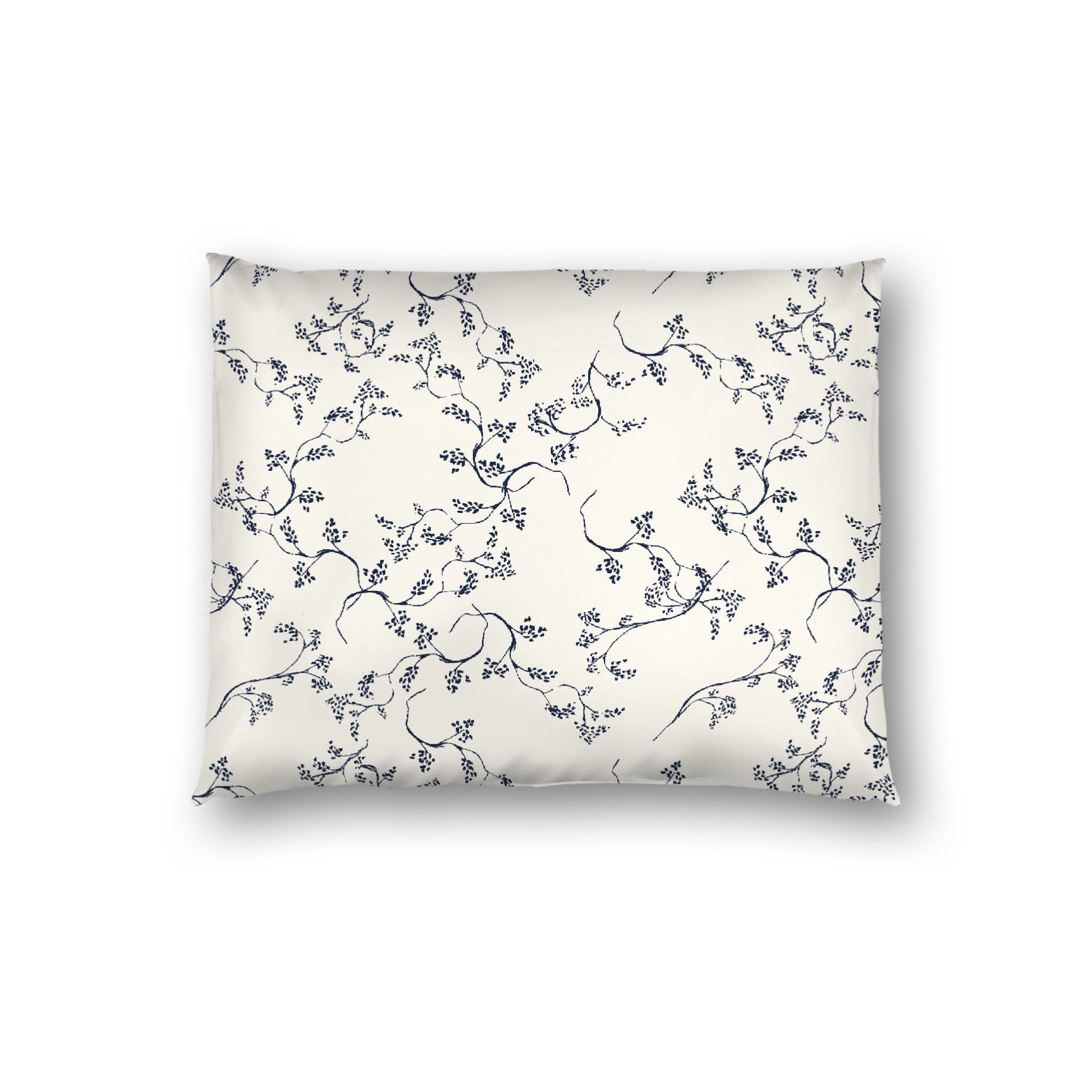Pale Cream Cotton Sateen Pillow Sham, Navy Blue Hand-painted Vine Print, White Reverse Side, Standard - 20 x 26 inches
