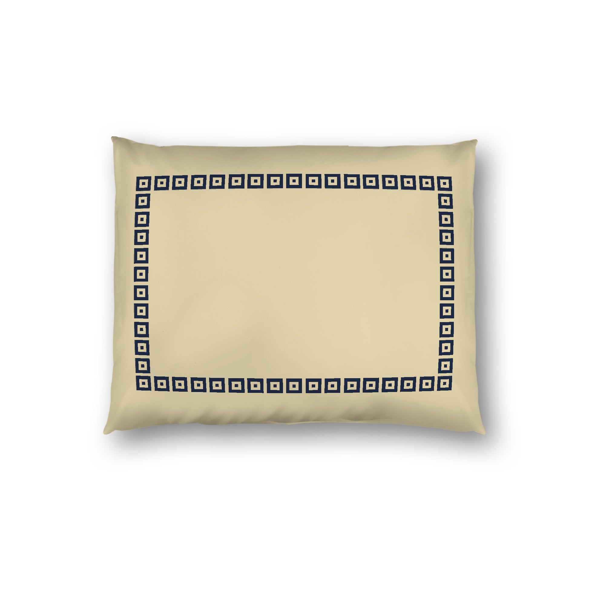 Desert Sand Cotton Sateen Pillow Sham, Navy Blue Repeating Square Motif Print, Classic Border, White Reverse Side, Standard - 20 x 26 inches