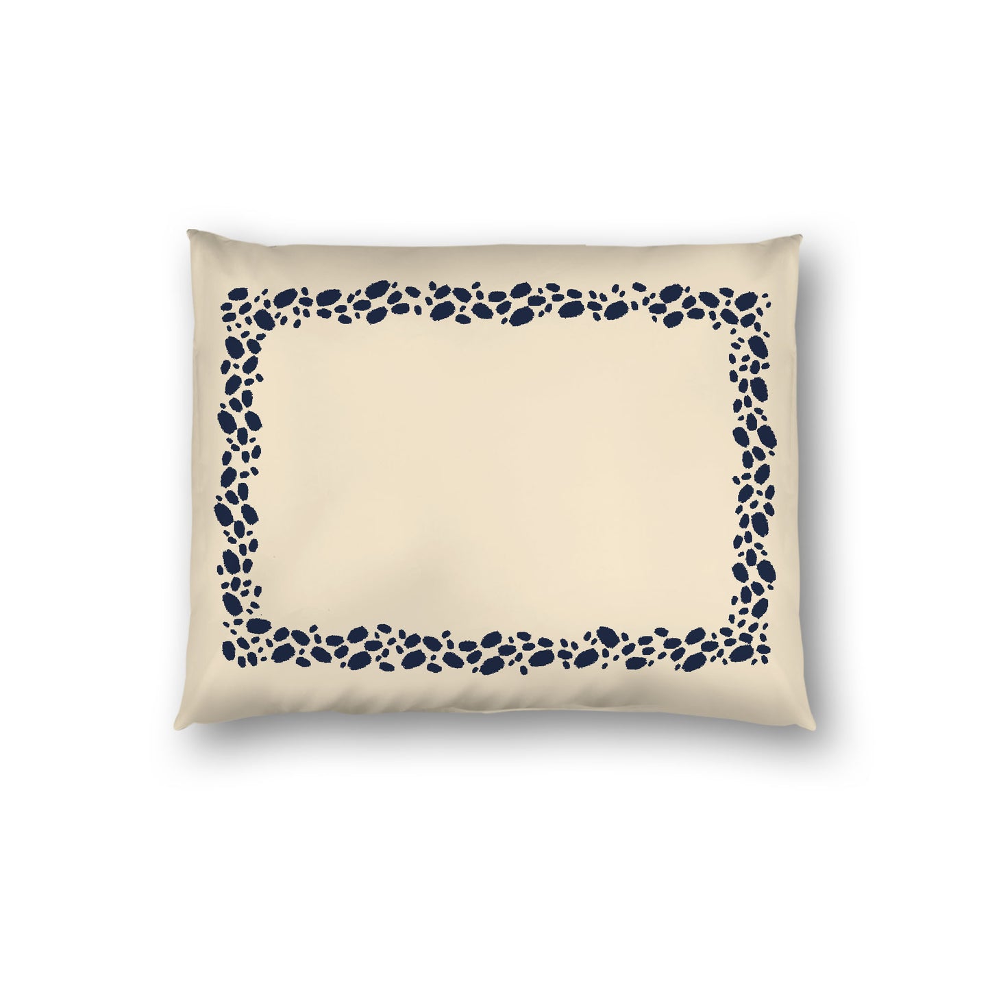 Beige Cotton Sateen Pillow Sham, Navy Blue Hand-painted Dab Motif Print, Classic Border, White Reverse Side, Standard - 20 x 26 inches