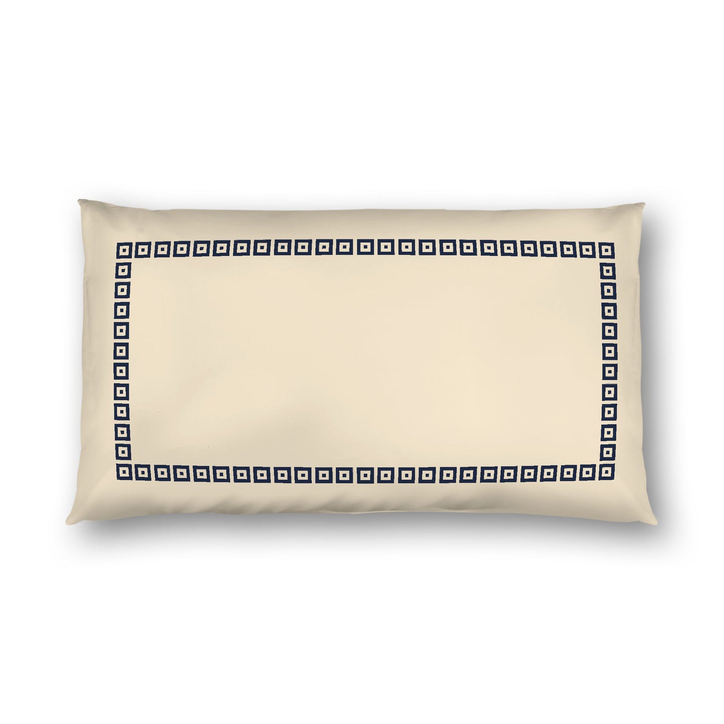 Beige Cotton Sateen Pillow Sham, Navy Blue Repeating Square Motif Print, Classic Border, White Reverse Side, King - 20 x 36 inches