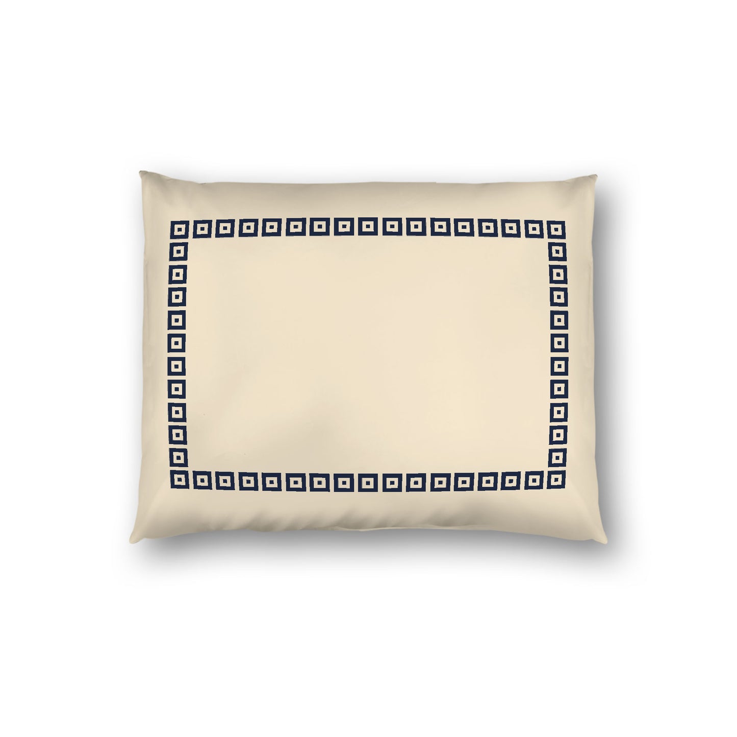 Beige Cotton Sateen Pillow Sham, Navy Blue Repeating Square Motif Print, Classic Border, White Reverse Side, Standard - 20 x 26 inches