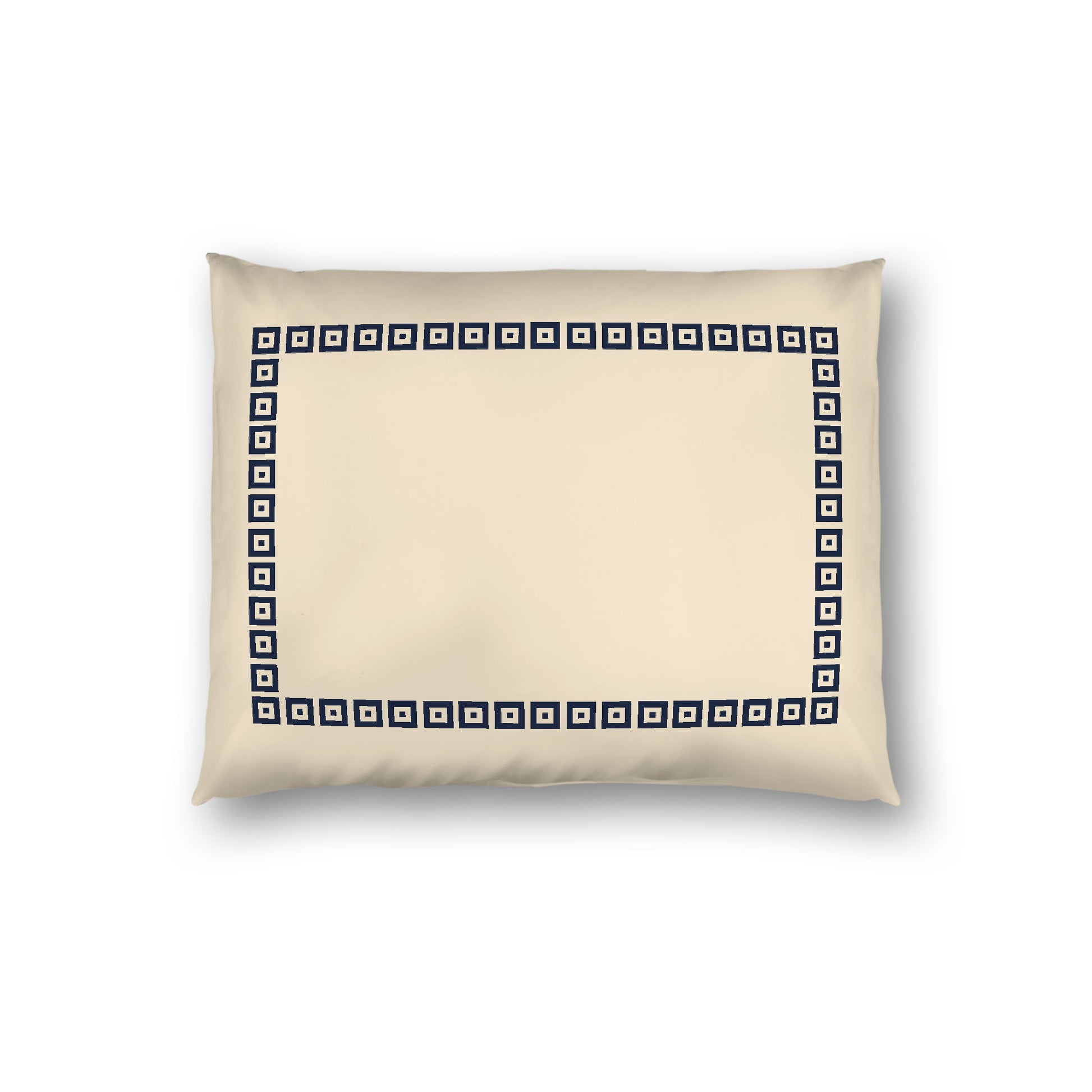 Beige Cotton Sateen Pillow Sham, Navy Blue Repeating Square Motif Print, Classic Border, White Reverse Side, Standard - 20 x 26 inches