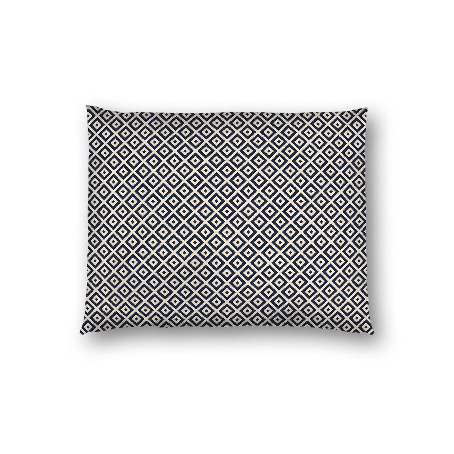 Beige Cotton Sateen Pillow Sham, Navy Blue Repeating Square Motif Print, Beige Revese Side, Standard - 20 x 26 inches