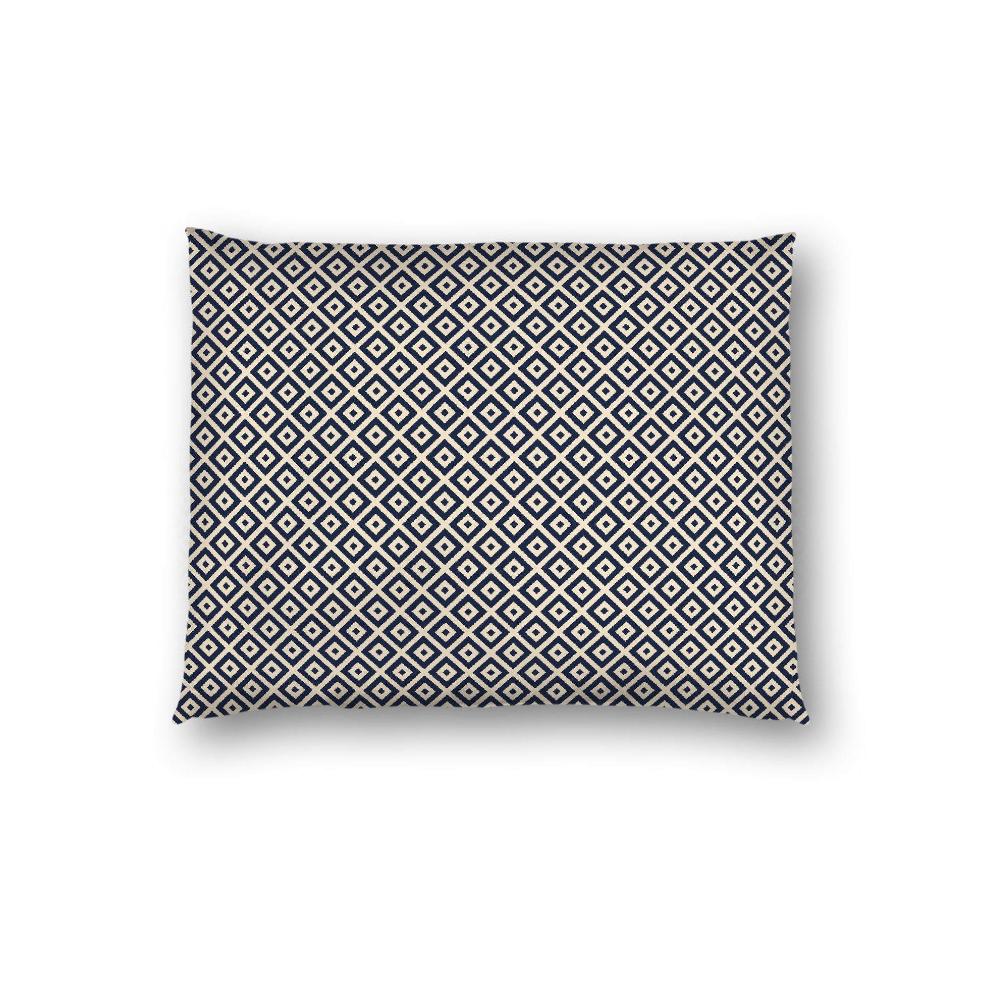 Beige Cotton Sateen Pillow Sham, Navy Blue Repeating Square Motif Print, Beige Revese Side, Standard - 20 x 26 inches