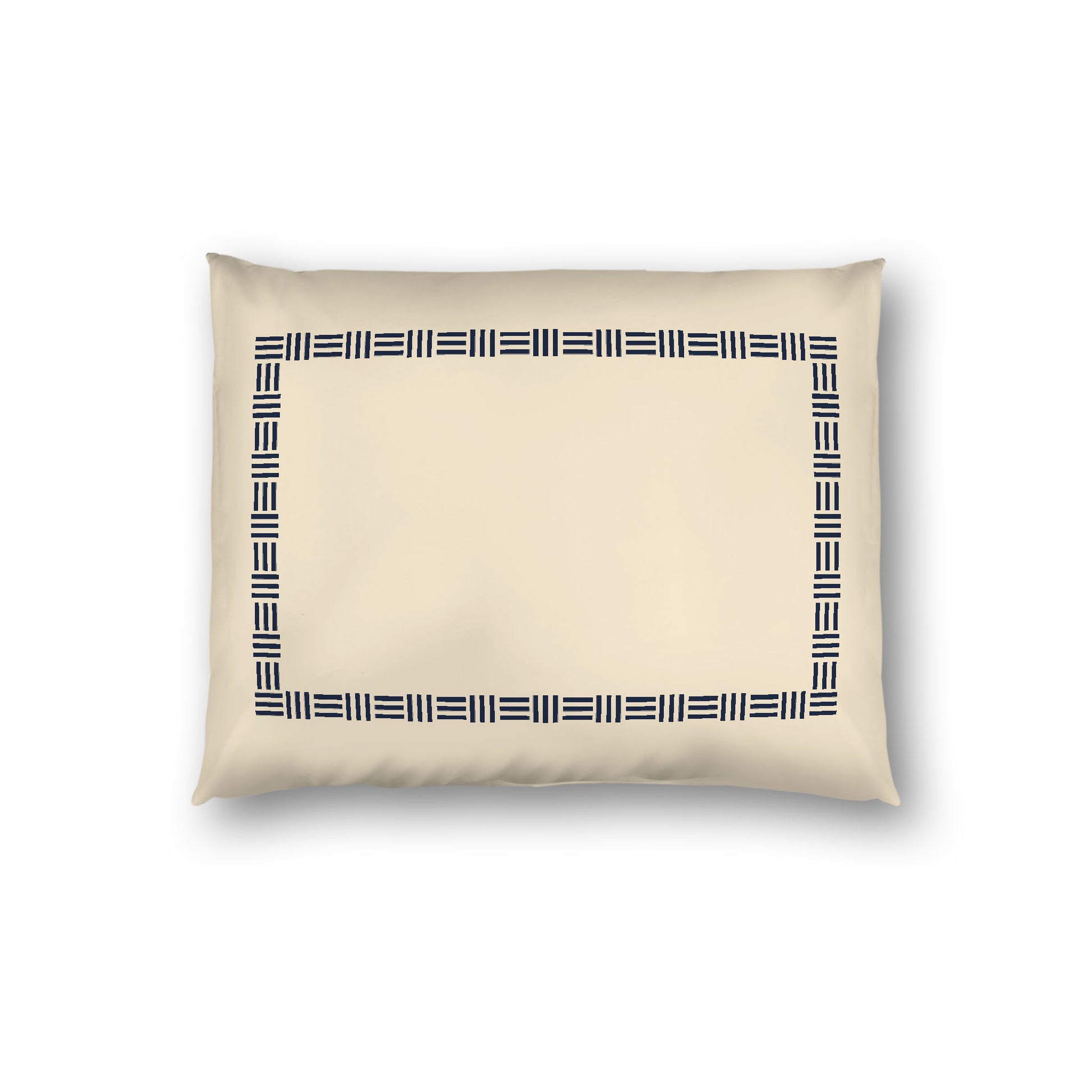 Beige Cotton Sateen Pillow Sham, Navy Blue Single Weave Motif Print, Classic Border, White Reverse Side, Standard - 20 x 26 inches