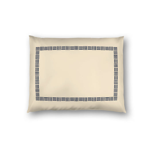 Beige Cotton Sateen Pillow Sham, Navy Blue Single Weave Motif Print, Classic Border, White Reverse Side, Standard - 20 x 26 inches
