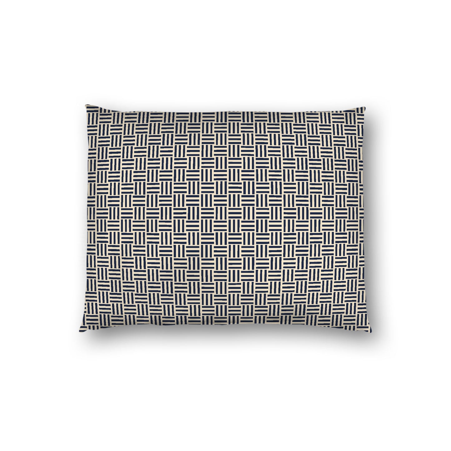Beige Cotton Sateen Pillow Sham, Navy Blue Single Weave Motif Print, White Reverse Side, Standard - 20 x 26 inches