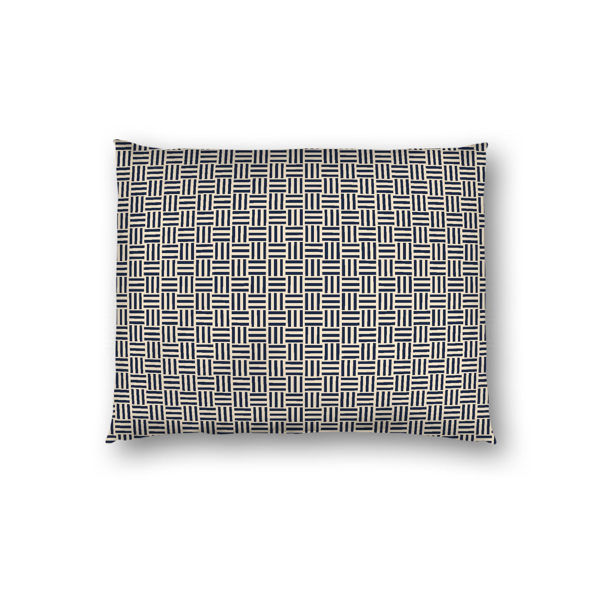 Beige Cotton Sateen Pillow Sham, Navy Blue Single Weave Motif Print, White Reverse Side, Standard - 20 x 26 inches
