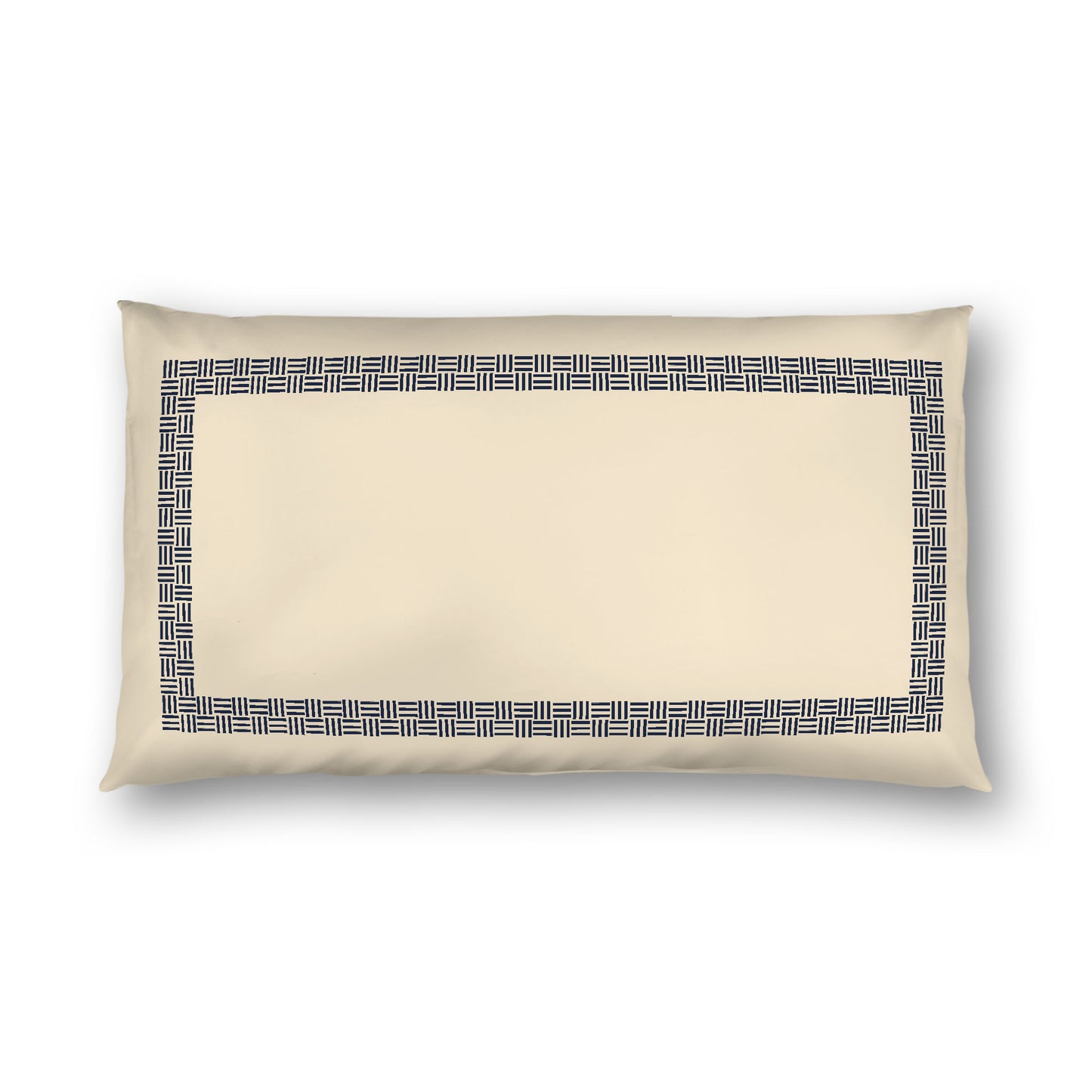 Beige Cotton Sateen Pillow Sham, Navy Blue Double Weave Motif Print, Classic Border, White Reverse Side, King - 20 x 36 inches