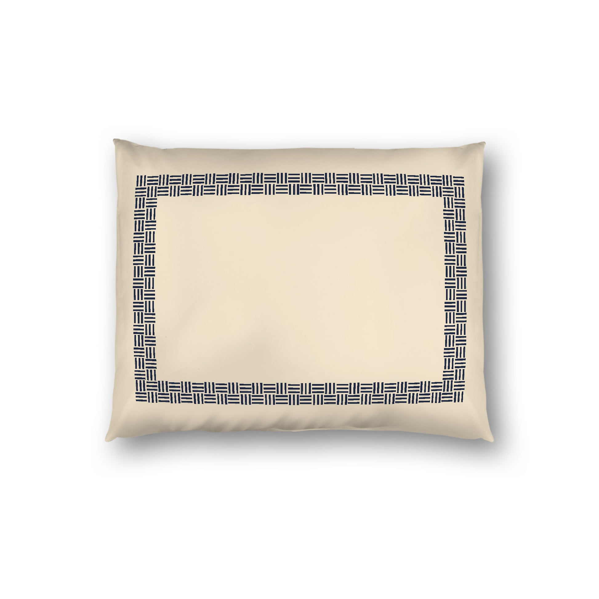 Beige Cotton Sateen Pillow Sham, Navy Blue Double Weave Motif Print, Classic Border, White Reverse Side, Standard - 20 x 26 inches