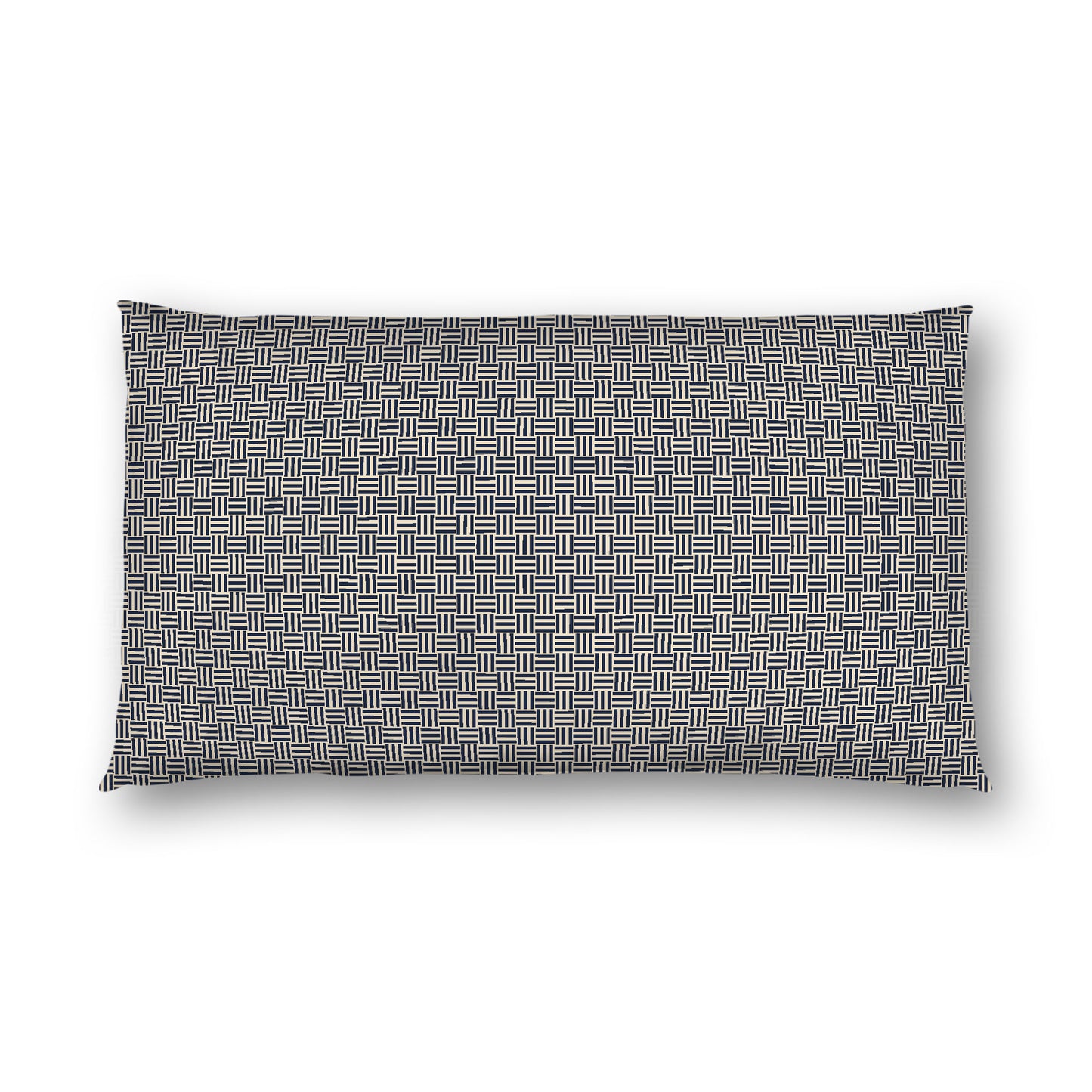 Beige Cotton Sateen Pillow Sham, Navy Blue Double Weave Motif Print, White Reverse Side, King - 20 x 36 inches