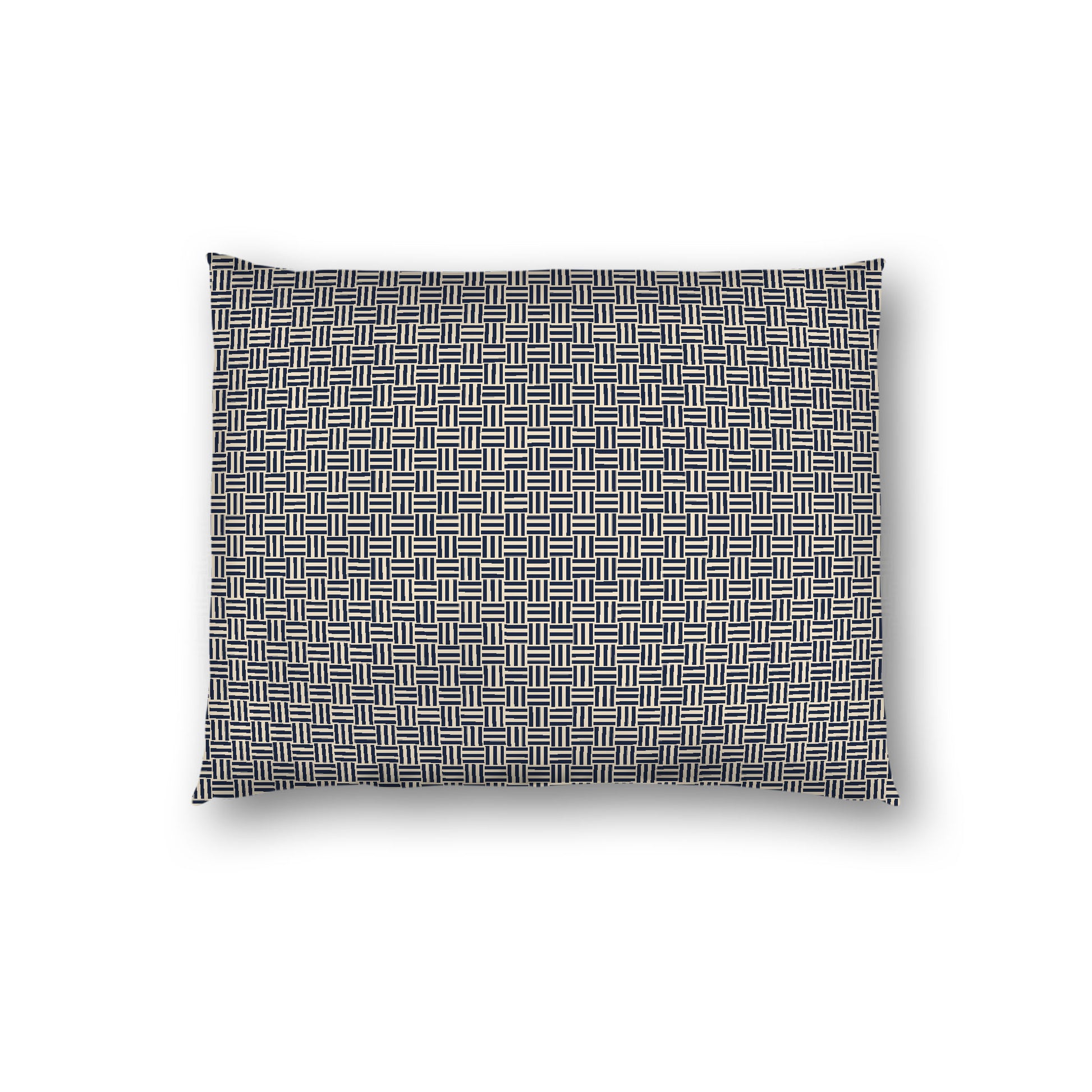 Beige Cotton Sateen Pillow Sham, Navy Blue Double Weave Motif Print, White Reverse Side, Standard - 20 x 26 inches