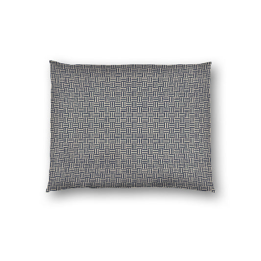 Beige Cotton Sateen Pillow Sham, Navy Blue Double Weave Motif Print, White Reverse Side, Standard - 20 x 26 inches