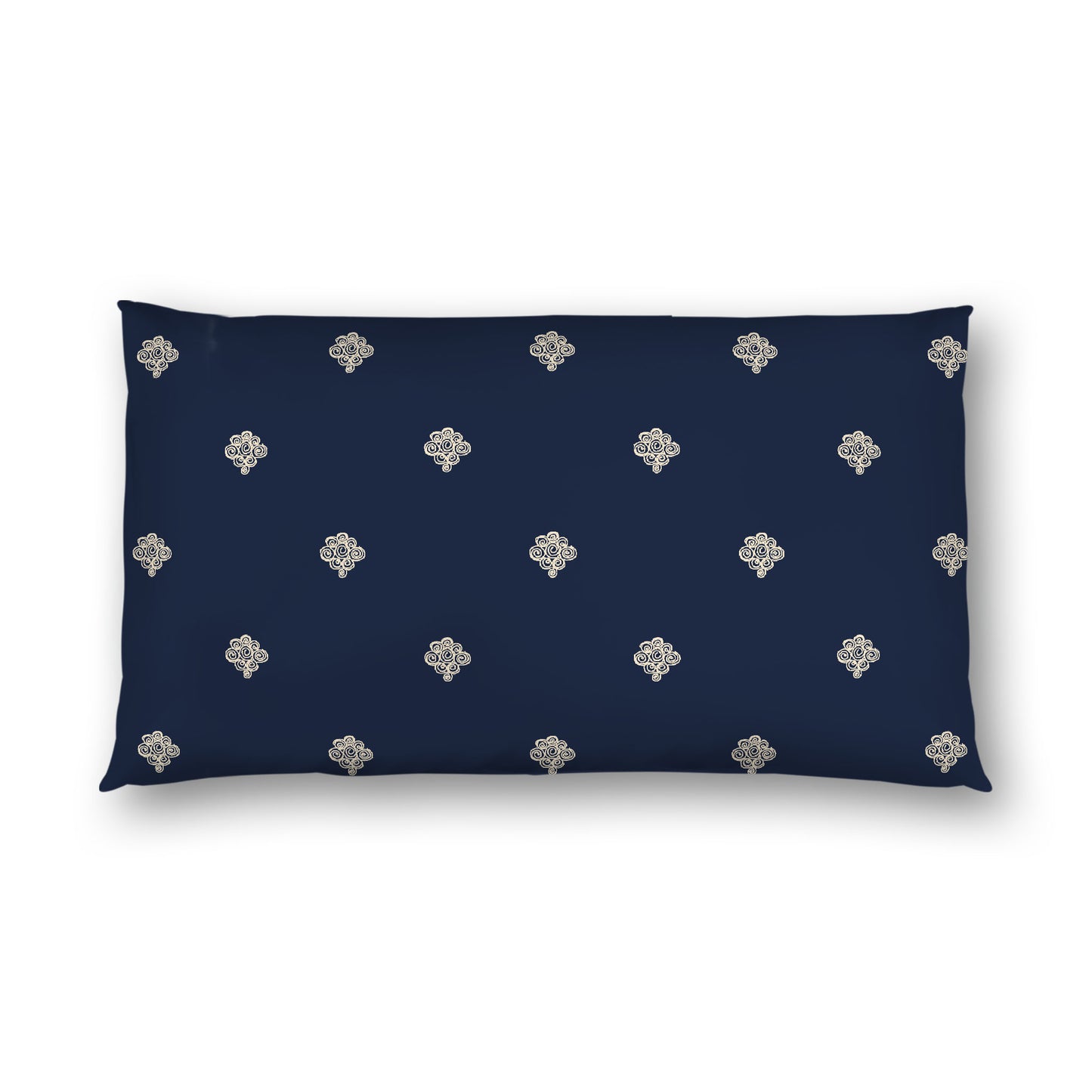 Navy Blue Cotton Sateen Pillow Sham, Beige Hand-painted Swizzle Motif Print, White Reverse Side, King - 20 x 36 inches