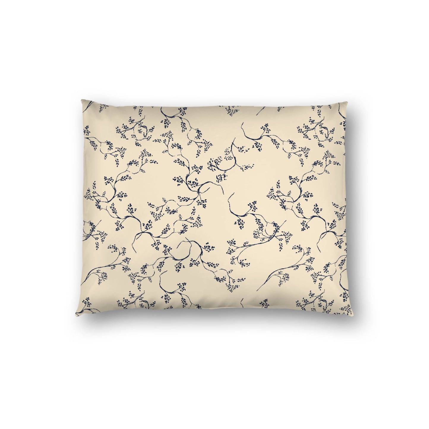 Beige Cotton Sateen Pillow Sham, Navy Blue Hand-painted Vine Print, White Reverse Side, Standard - 20 x 26 inches