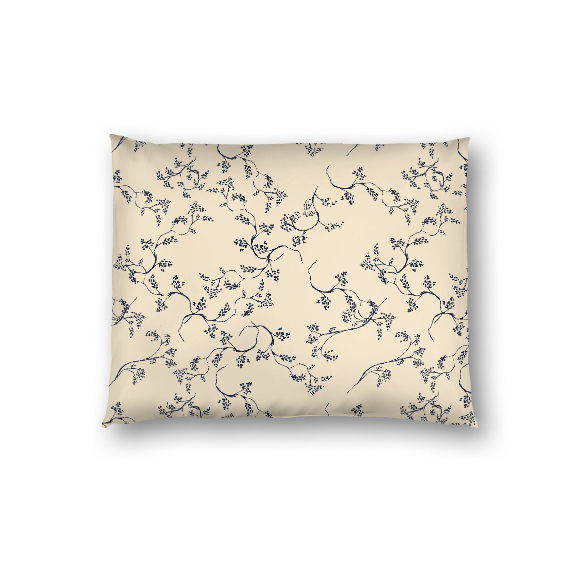 Beige Cotton Sateen Pillow Sham, Navy Blue Hand-painted Vine Print, White Reverse Side, Standard - 20 x 26 inches