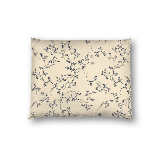 Beige Cotton Sateen Pillow Sham, Navy Blue Hand-painted Vine Print, White Reverse Side, Standard - 20 x 26 inches