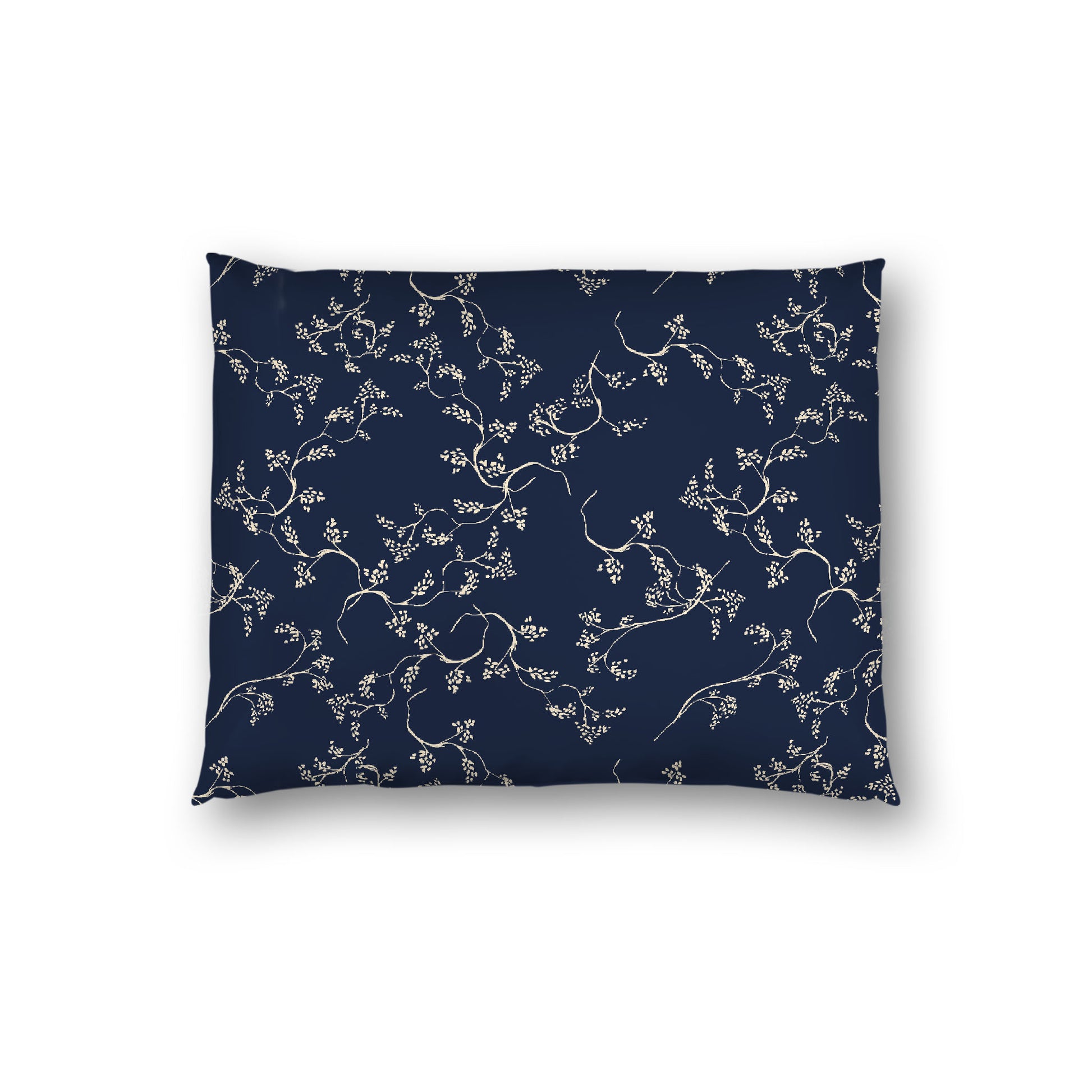 Navy Blue Cotton Sateen Pillow Sham, Beige Vine Print on Front, White Reverse Side, Standard - 20 x 26 inches