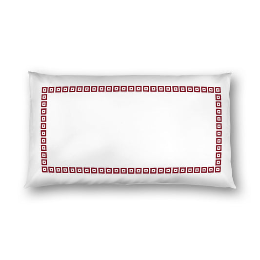 Off-White Cotton Sateen Pillow Sham, Burgundy Red Repeating Square Motif Print, Classic Border, White Reverse Side, King (width x length) 20 x 36 inches / 51 x 91 cm