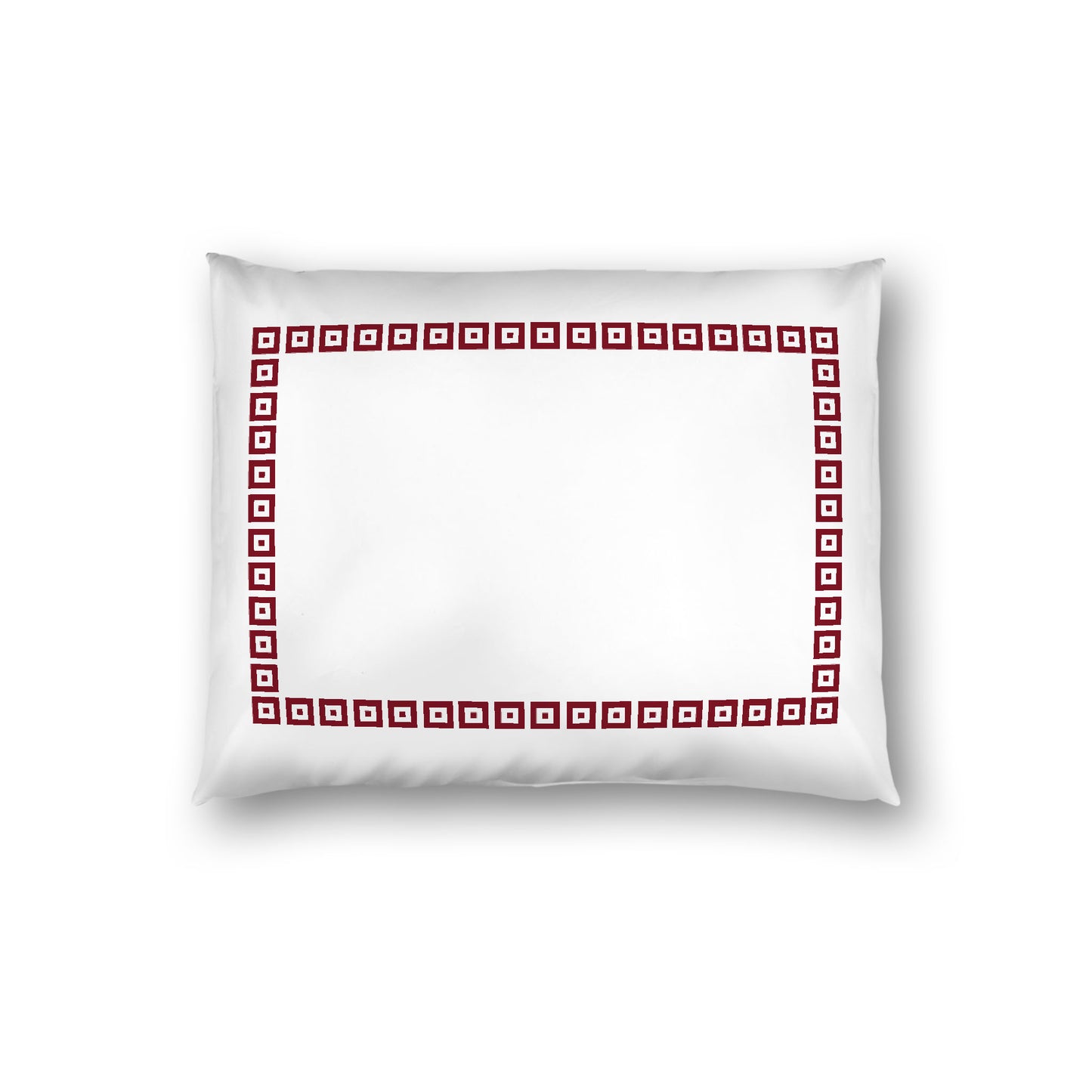 Off-White Cotton Sateen Pillow Sham, Burgundy Red Repeating Square Motif Print, Classic Border, White Reverse Side, Standard (width x length) 20 x 26 inches / 51 x 66 cm