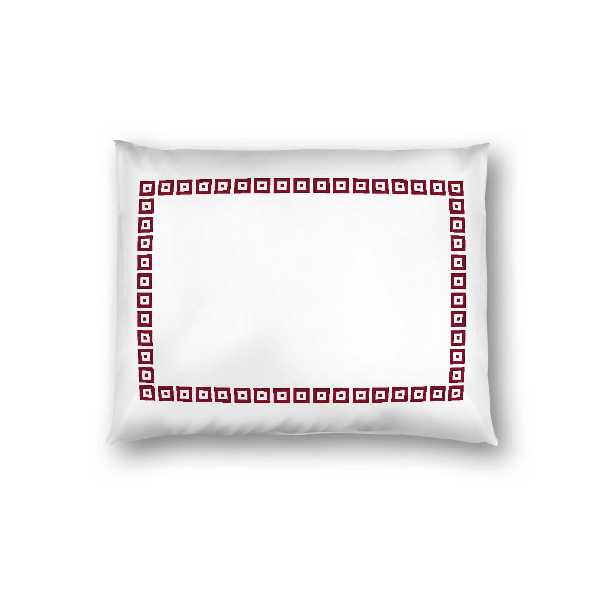 Off-White Cotton Sateen Pillow Sham, Burgundy Red Repeating Square Motif Print, Classic Border, White Reverse Side, Standard (width x length) 20 x 26 inches / 51 x 66 cm