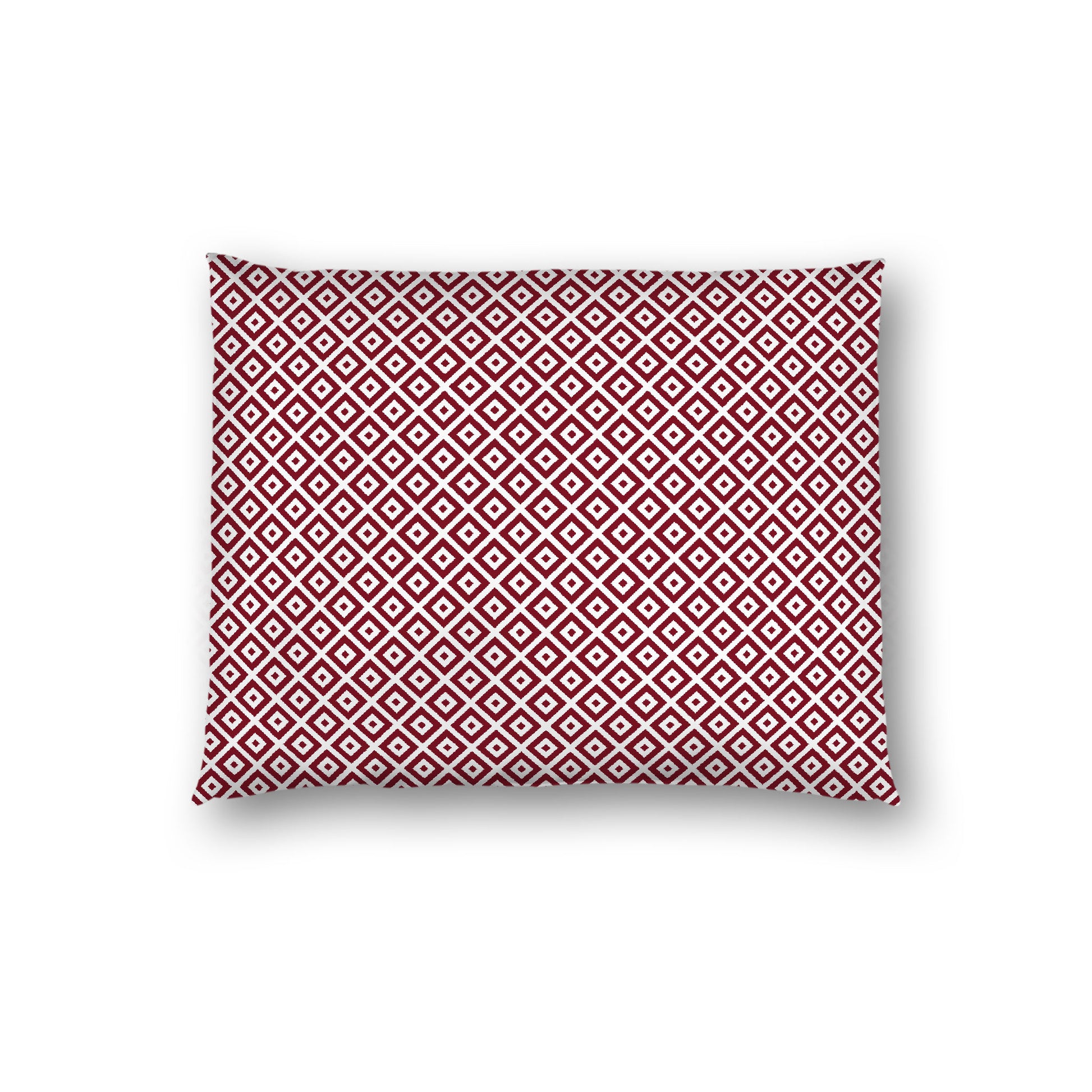 Off-White Cotton Sateen Pillow Sham, Burgundy Red Repeating Square Motif Print, Off-White Revese Side, Standard (width x length) 20 x 26 inches / 51 x 66 cm