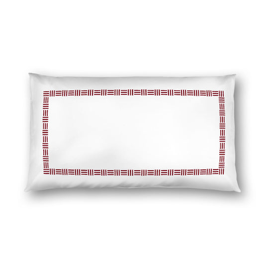 Off-White Cotton Sateen Pillow Sham, Burgundy Red Single Weave Motif Print, Classic Border, White Reverse Side, King (width x length) 20 x 36 inches / 51 x 91 cm