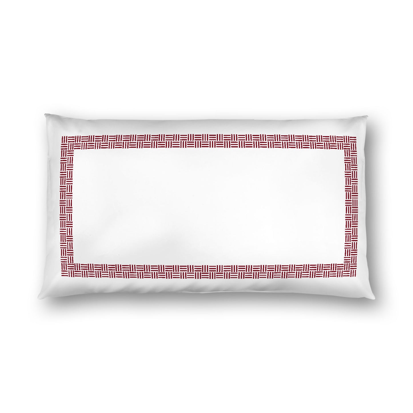 Off-White Cotton Sateen Pillow Sham, Burgundy Red Double Weave Motif Print, Classic Border, White Reverse Side, King (width x length) 20 x 36 inches / 51 x 91 cm