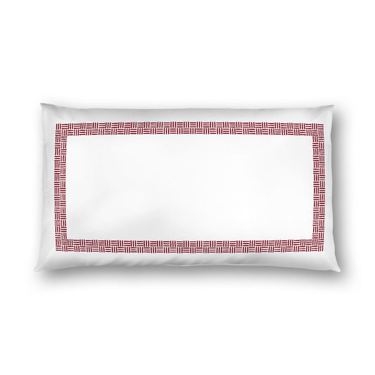 Off-White Cotton Sateen Pillow Sham, Burgundy Red Double Weave Motif Print, Classic Border, White Reverse Side, King (width x length) 20 x 36 inches / 51 x 91 cm