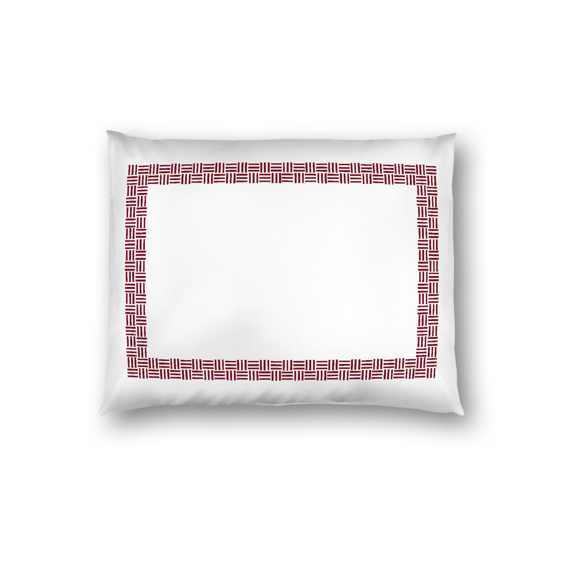 Off-White Cotton Sateen Pillow Sham, Burgundy Red Double Weave Motif Print, Classic Border, White Reverse Side, Standard (width x length) 20 x 26 inches / 51 x 66 cm