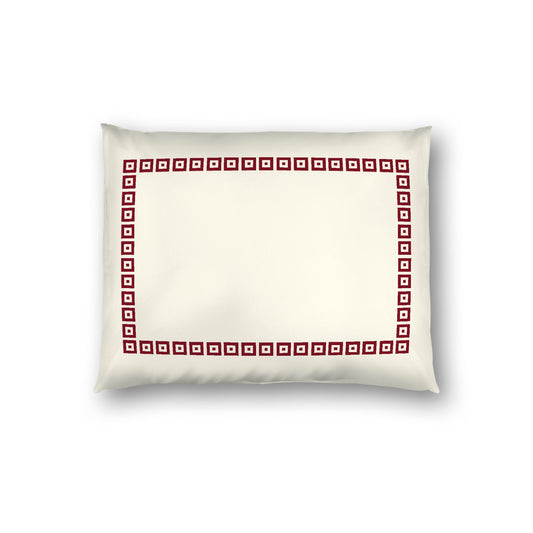 Pale Cream Cotton Sateen Pillow Sham, Burgundy Red Repeating Square Motif Print, Classic Border, White Reverse Side, Standard - 20 x 26 inches