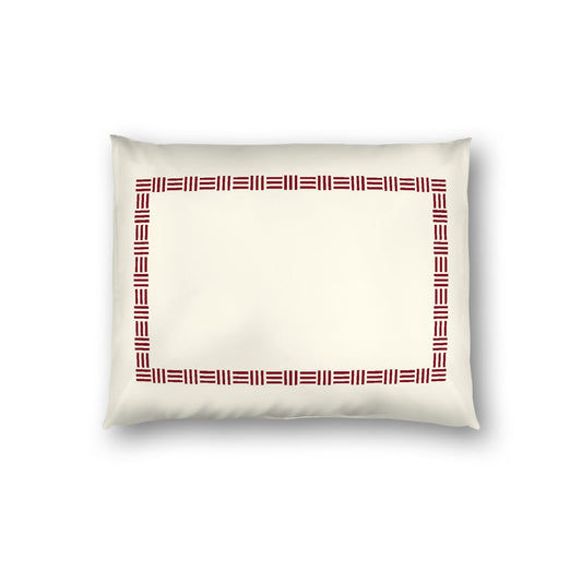 Pale Cream Cotton Sateen Pillow Sham, Burgundy Red Single Weave Motif Print, Classic Border, White Reverse Side, Standard - 20 x 26 inches