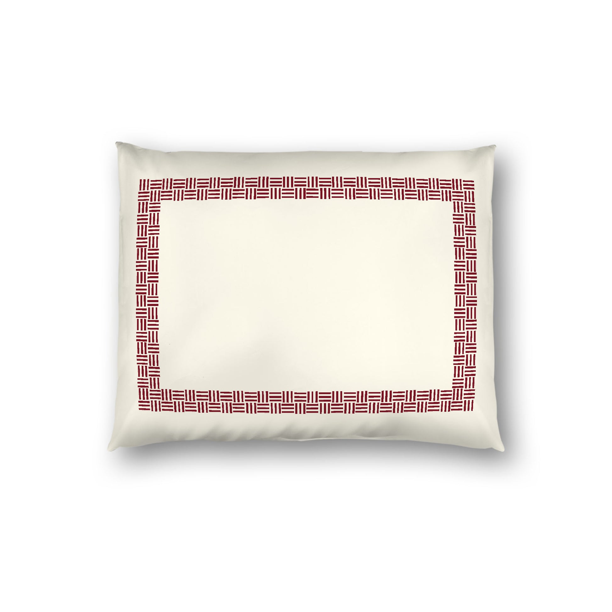 Pale Cream Cotton Sateen Pillow Sham, Burgundy Red Double Weave Motif Print, Classic Border, White Reverse Side, Standard - 20 x 26 inches