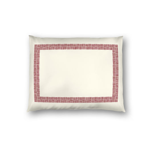 Pale Cream Cotton Sateen Pillow Sham, Burgundy Red Double Weave Motif Print, Classic Border, White Reverse Side, Standard - 20 x 26 inches