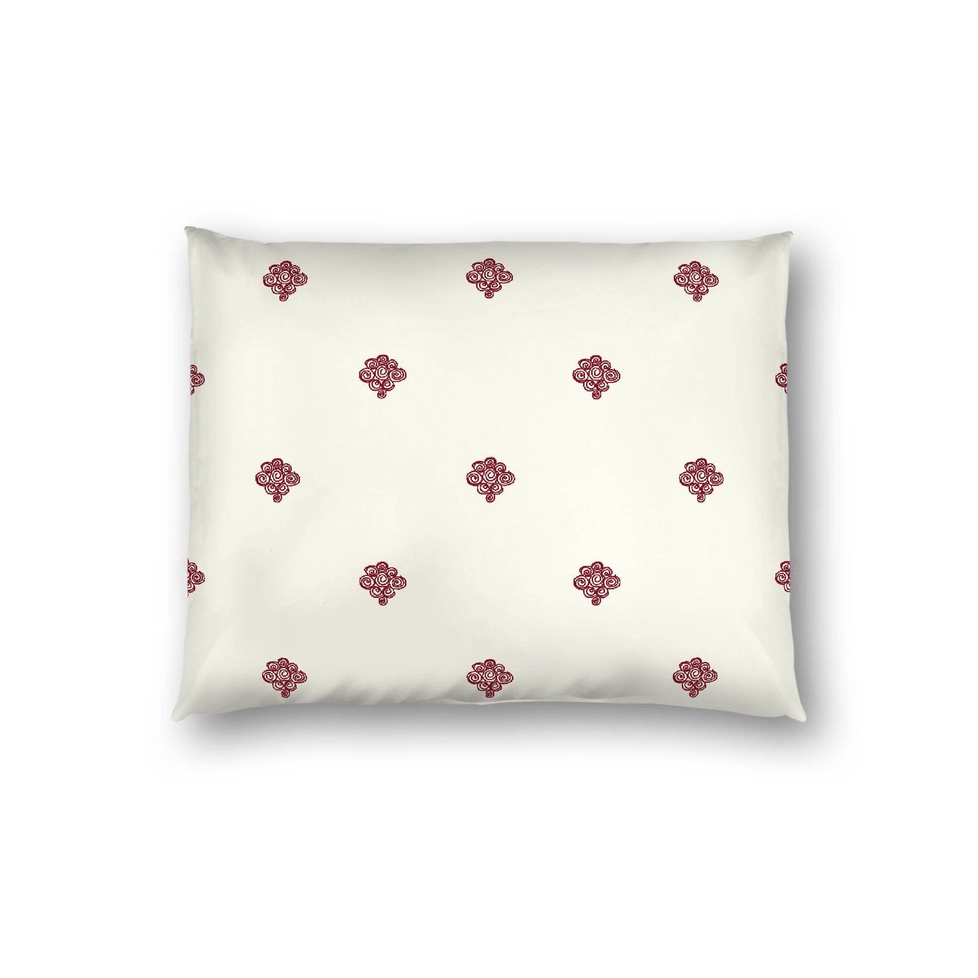 Pale Cream Cotton Sateen Pillow Sham, Burgundy Red Hand-painted Swizzle Motif Print, White Reverse Side, Standard - 20 x 26 inches