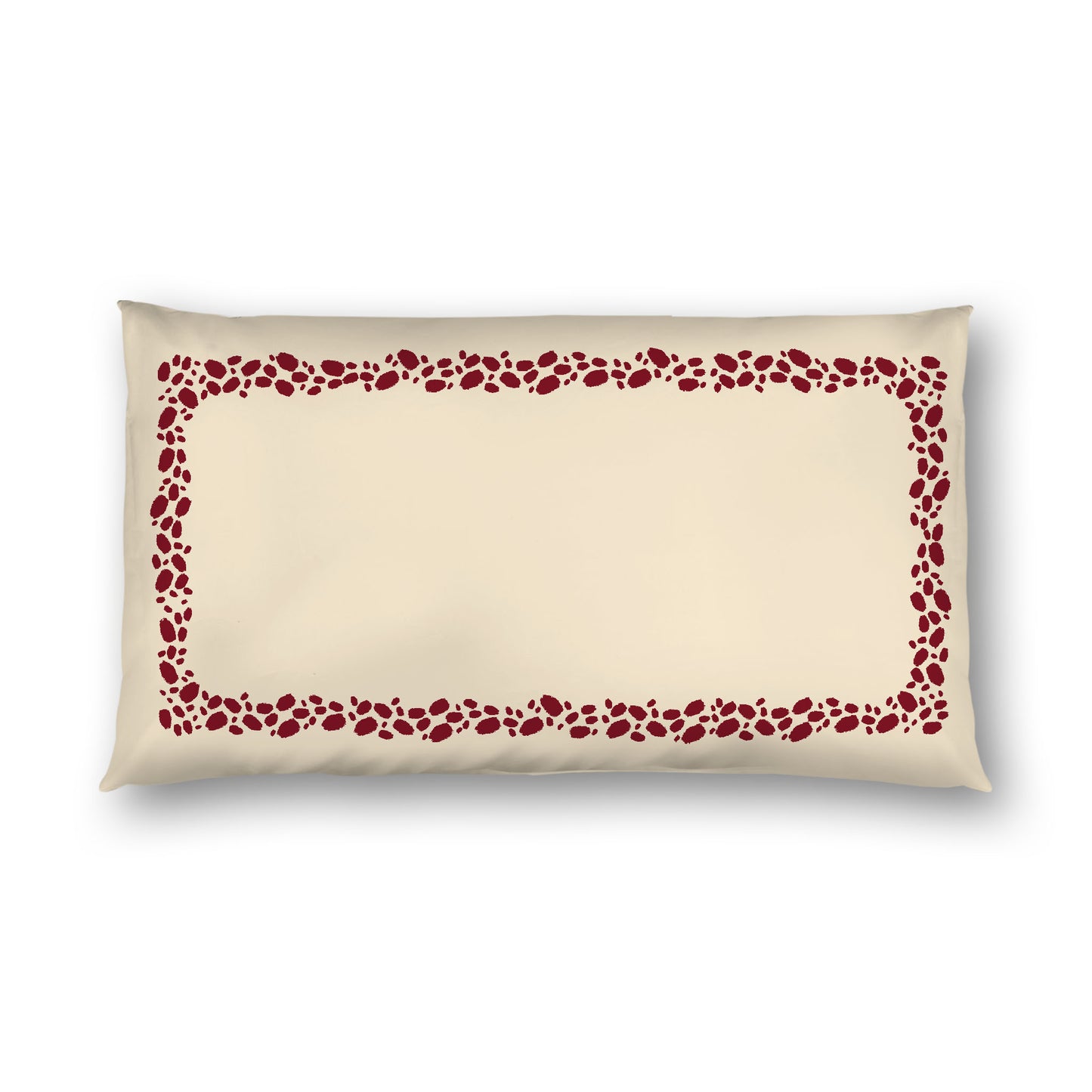 Beige Cotton Sateen Pillow Sham, Burgundy Red Hand-painted Dab Motif Print, Classic Border, White Reverse Side, King - 20 x 36 inches