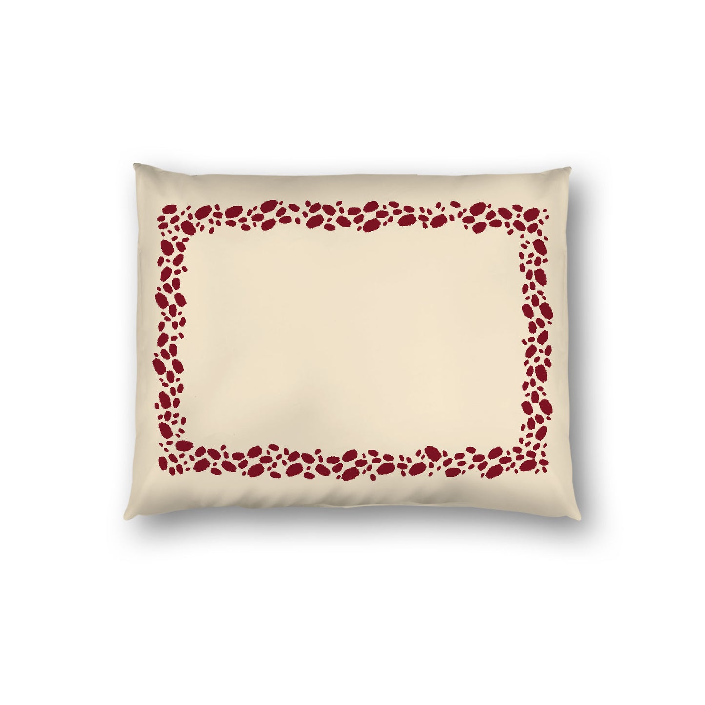 Beige Cotton Sateen Pillow Sham, Burgundy Red Hand-painted Dab Motif Print, Classic Border, White Reverse Side, Standard - 20 x 26 inches